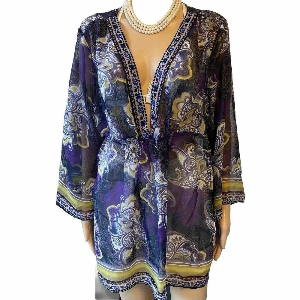 Heirloom Floral Boho Beach Summer Bikini Cover Up Top Women XL-1X Elastic Waist